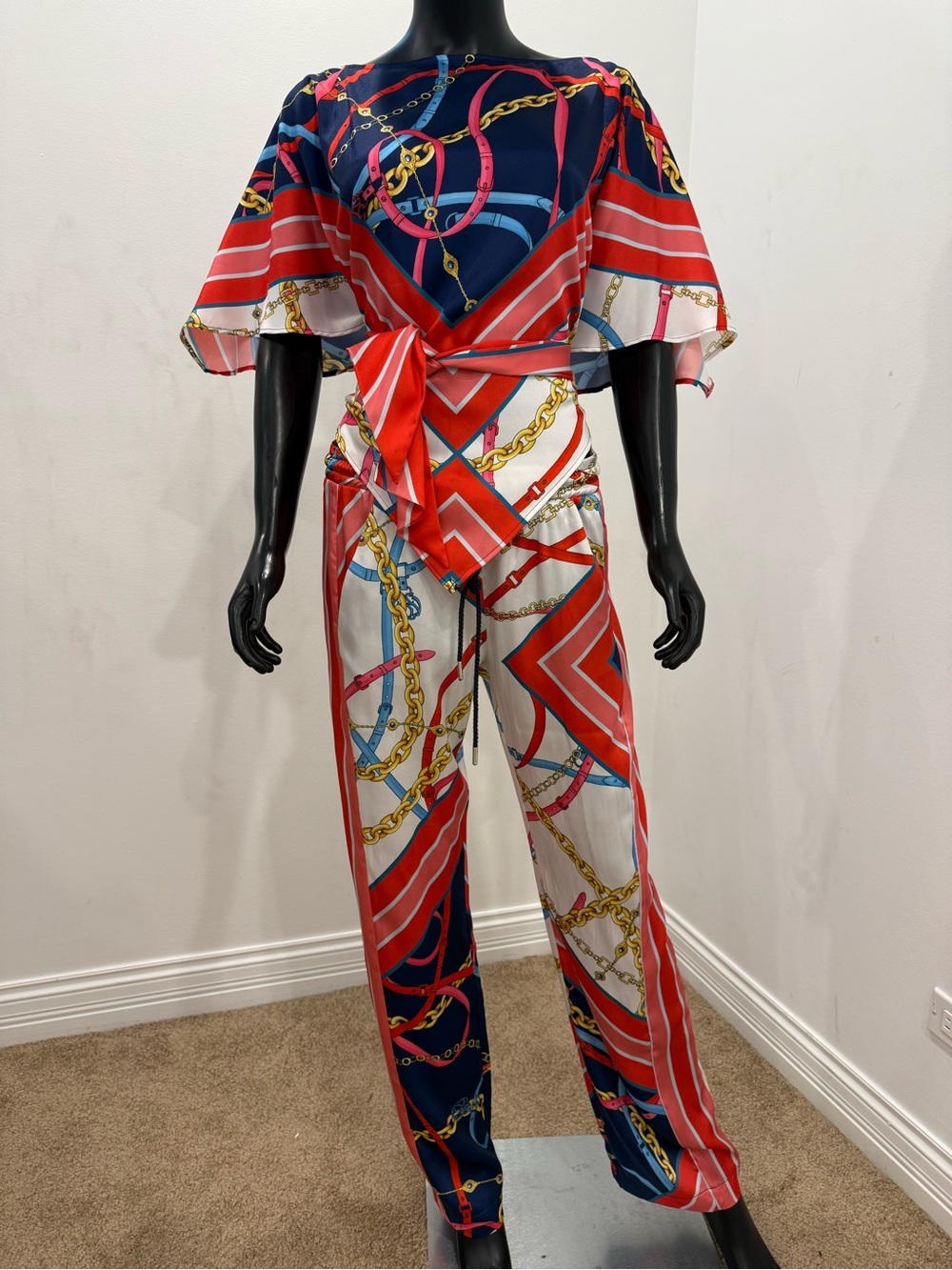 Pinko Chain Print Two Piece Set Blouse Pants EU 38 US 2 Belted Resort Chic NEW